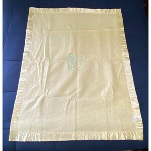 Vintage Quiltex Baby Blanket Satin Binding Trim Yellow Embroidered Figures